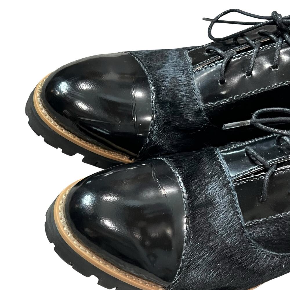 All Black Oxford Shoes Women US 9 EU 39.5 Black Calf Hair Patent Leather Cap Toe - Picture 5 of 13